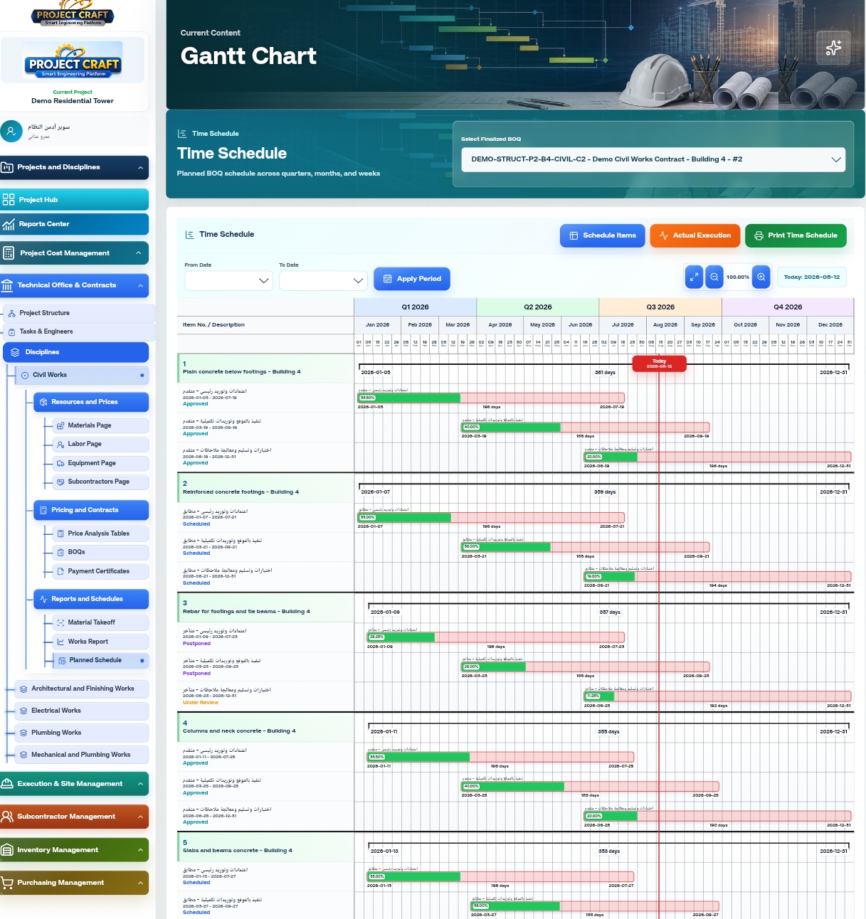 Professional ProjectCraft Gantt chart showing a BOQ-linked time schedule